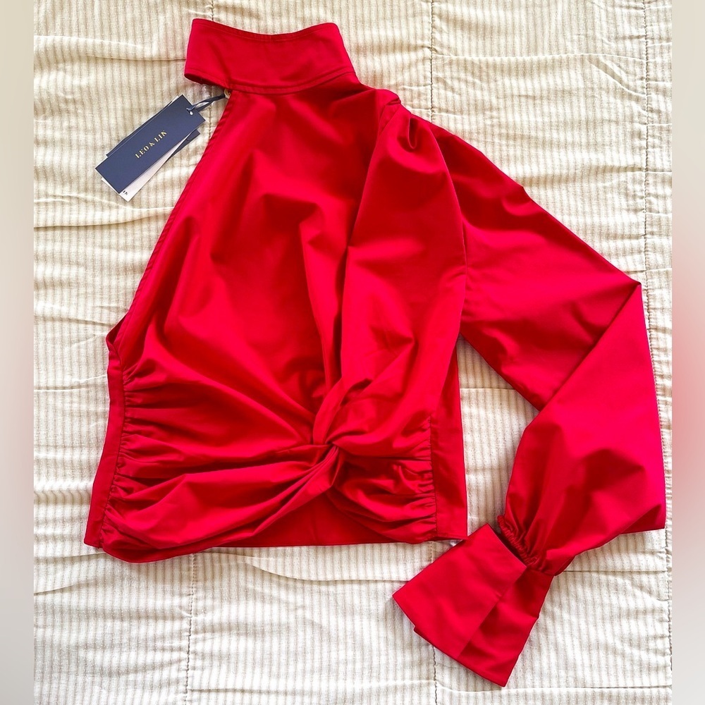 Leo & Lin One Shoulder Ruched‎ Blouse Turtleneck Red Size 4 NWT